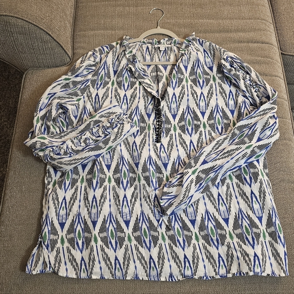 Chico's White Black Pattern Casual Sheer Coastal Office Top Size 3.5/US 18